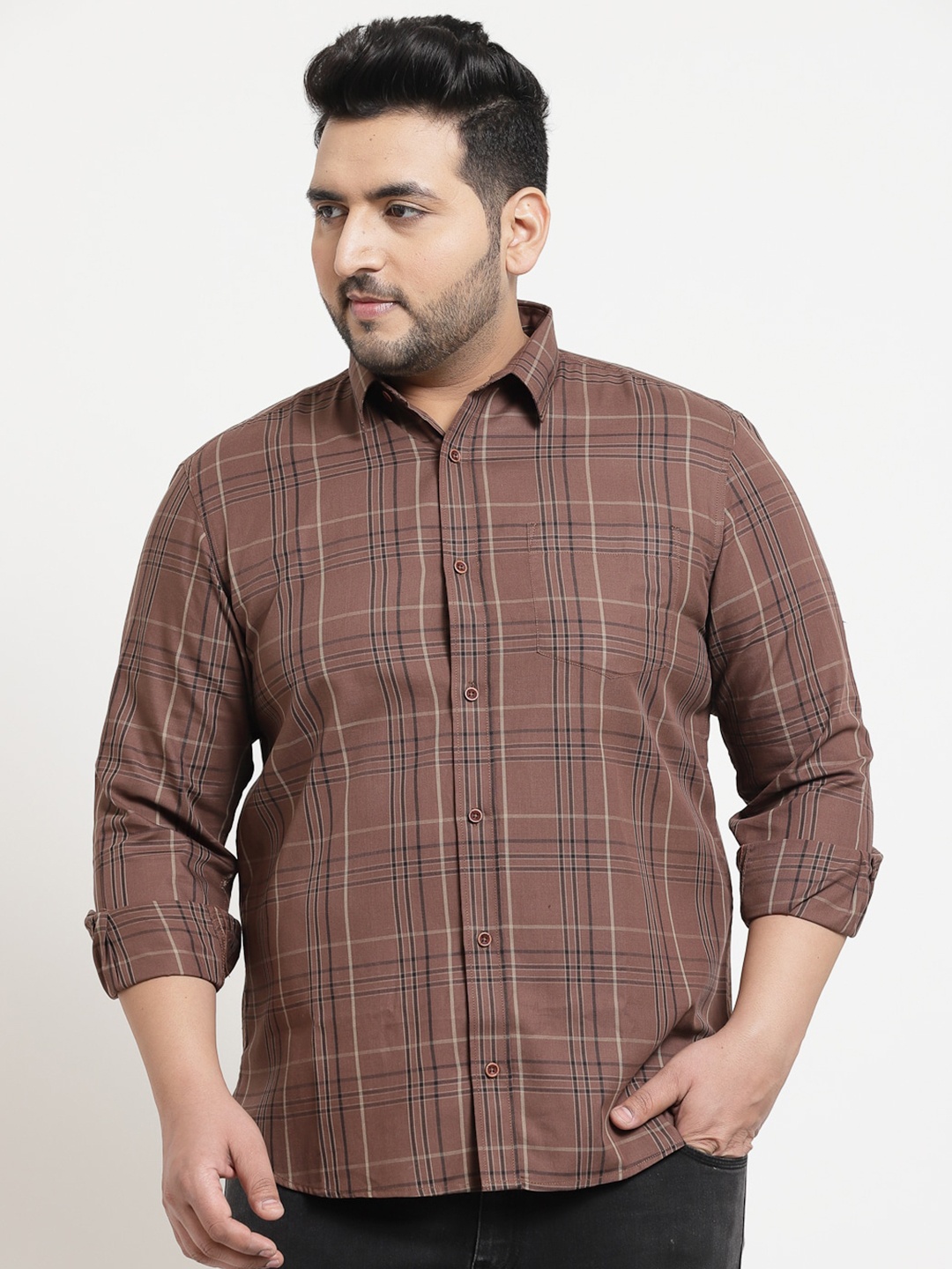 

plusS Men Brown Tartan Checks Checked Cotton Casual Shirt
