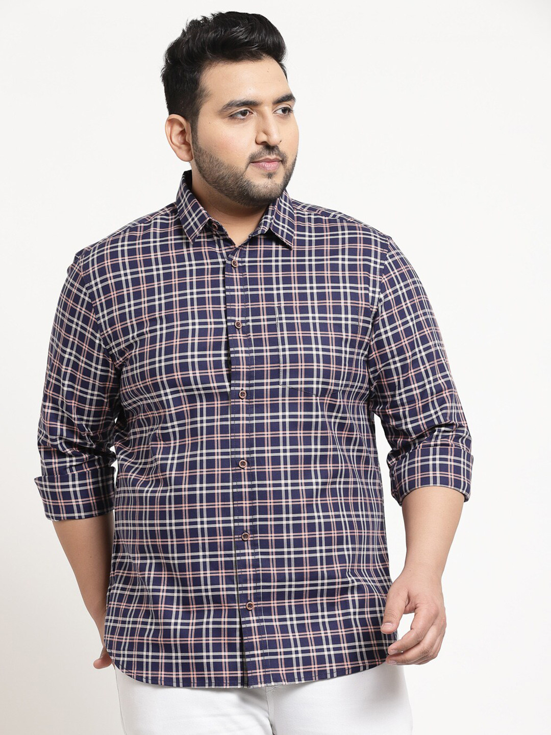 

plusS Plus Size Men Navy Blue Tartan Checks Checked Cotton Casual Shirt