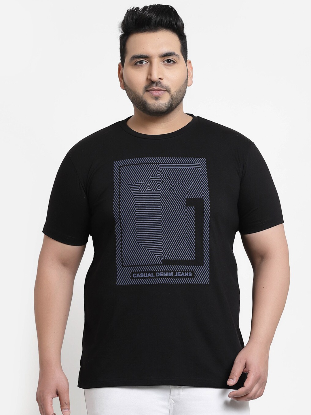 

plusS Men Plus Size Black Printed Pure Cotton T-shirt
