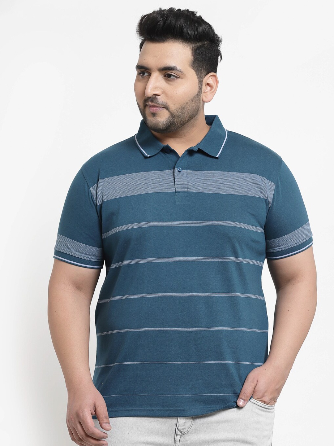 

plusS Men Plus Size Teal Striped Pure Cotton T-shirt