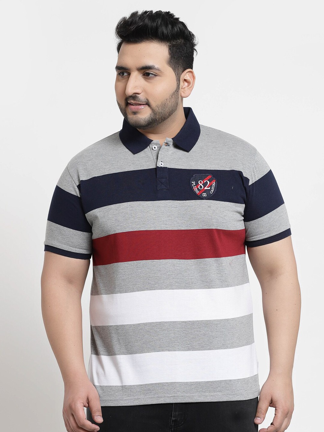 

plusS Men Plus Size Multicoloured Striped Polo Collar T-shirt, Multi