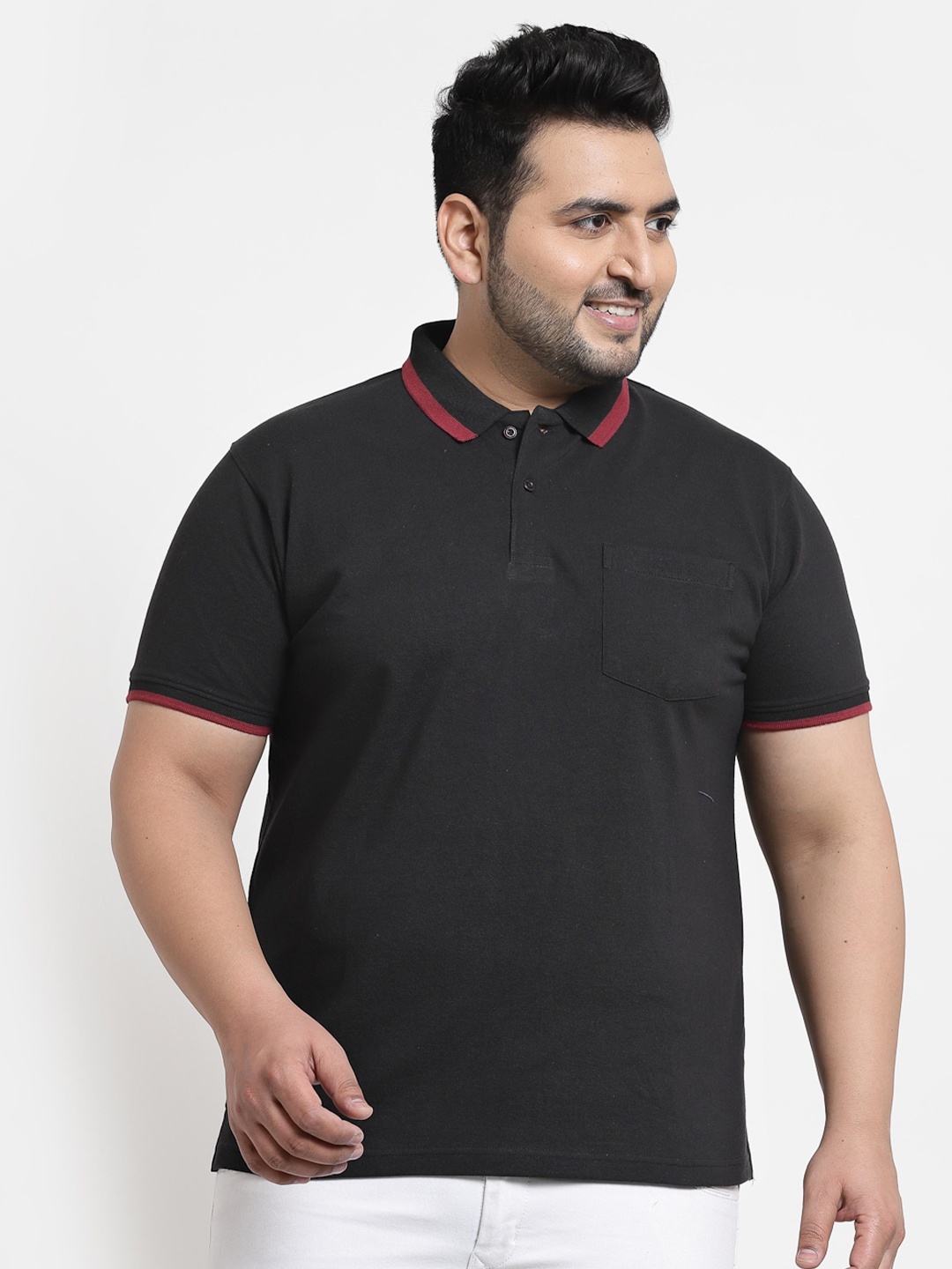 

plusS Men Black Polo Collar Cotton T-shirt