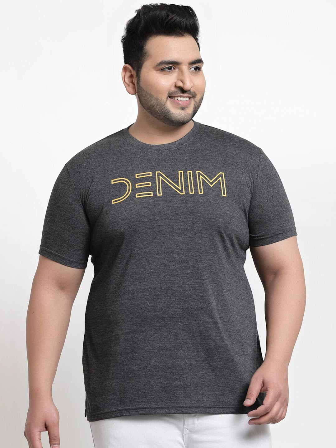 

plusS Men Plus Size Grey & Yellow Pure Cotton T-shirt