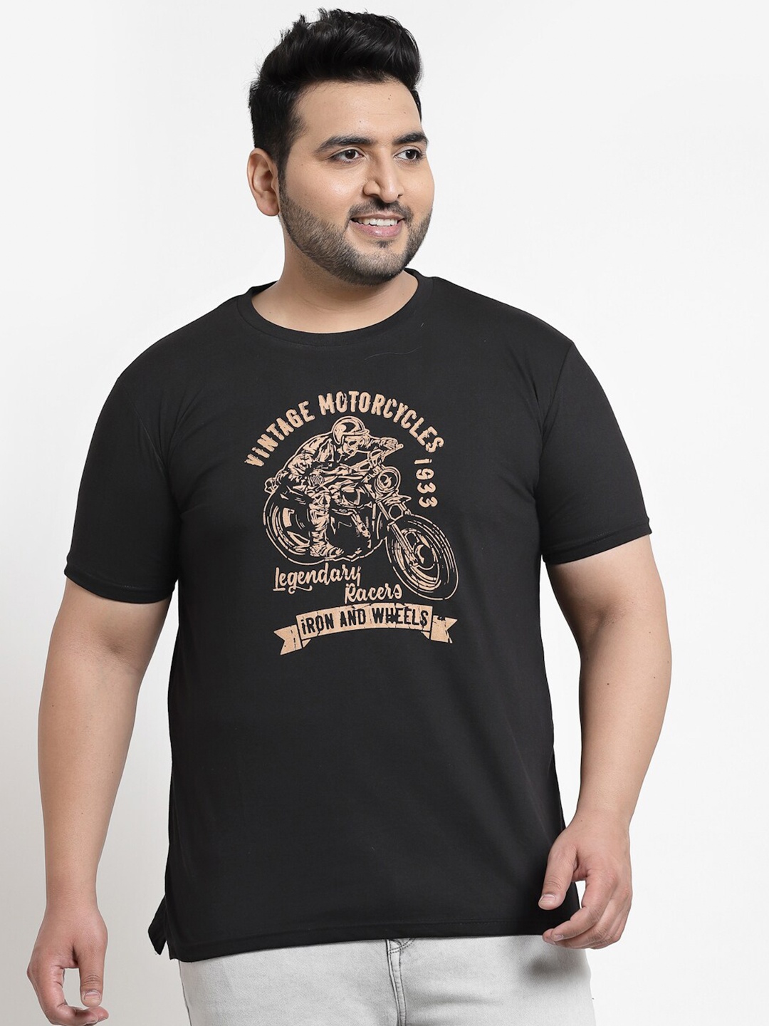 

plusS Men Plus Size Black Printed Cotton T-shirt