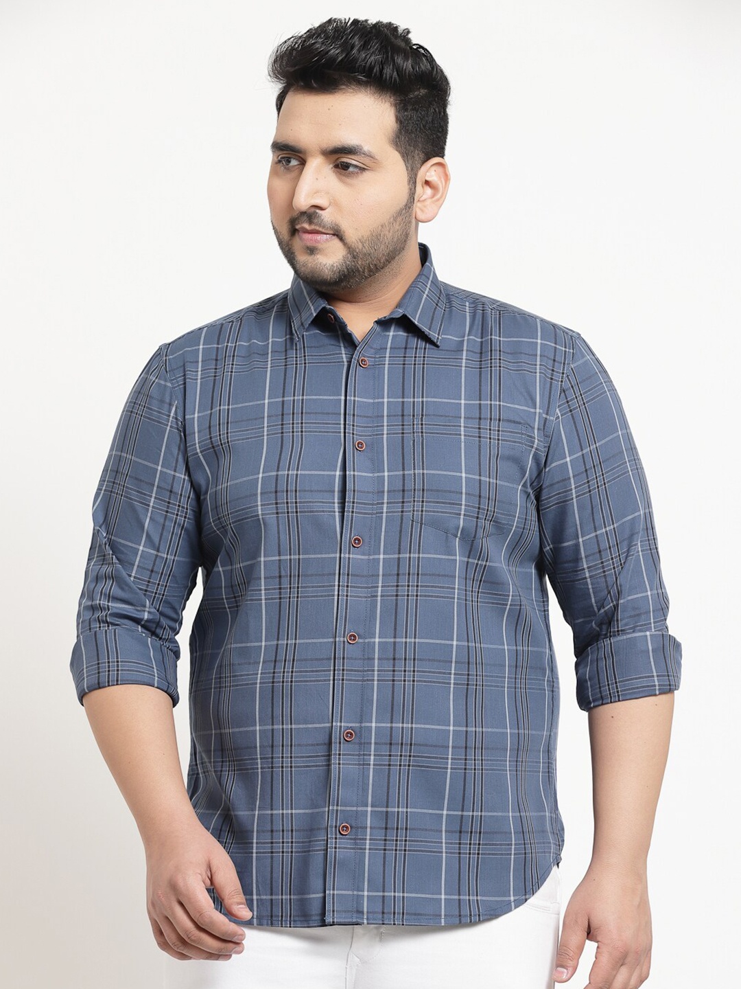 

plusS Men Plus Size Blue & White Checked Cotton Casual Shirt