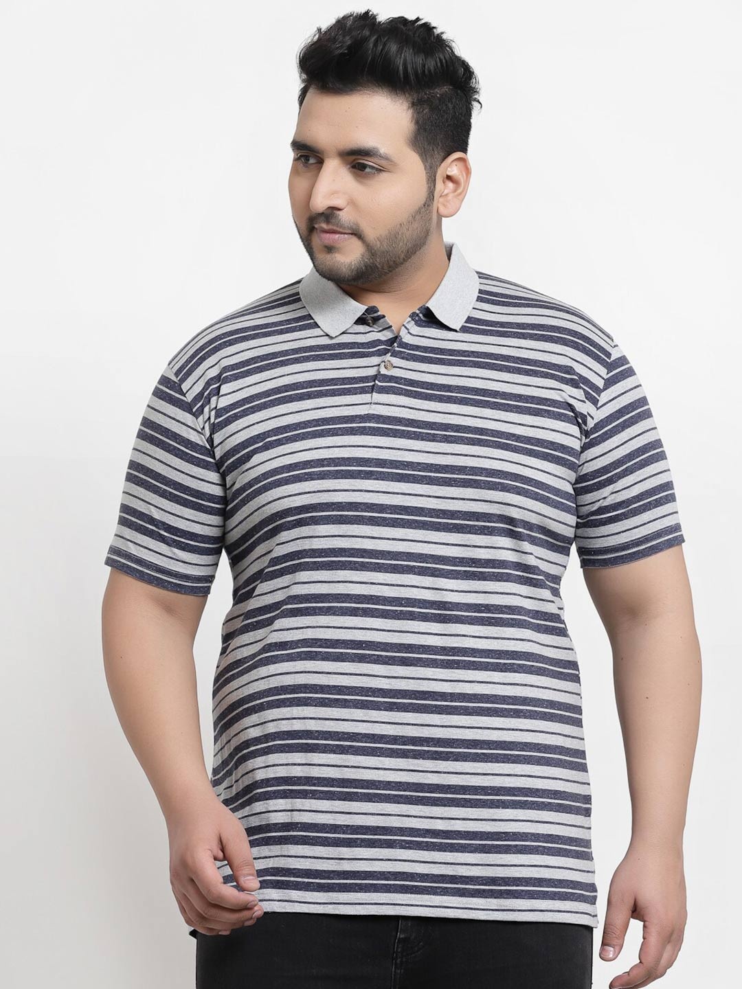 

plusS Men Plus Size Grey Striped Polo Collar Pure Cotton T-shirt
