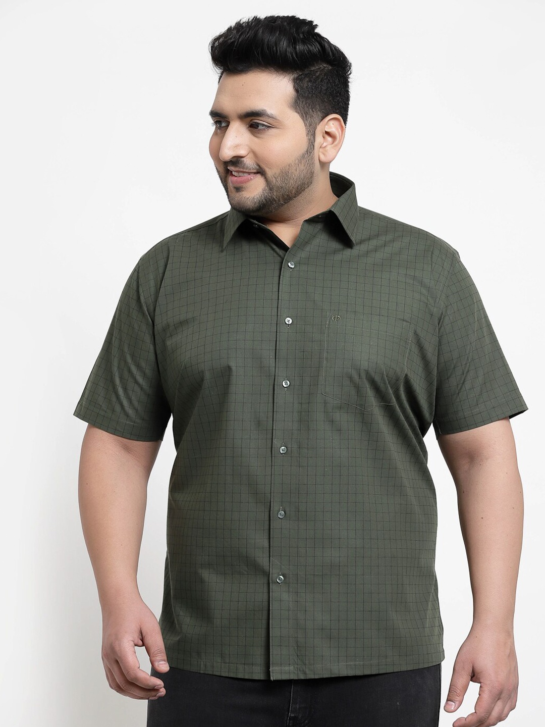 

plusS Plus Size Men Olive Green Checked Casual Shirt