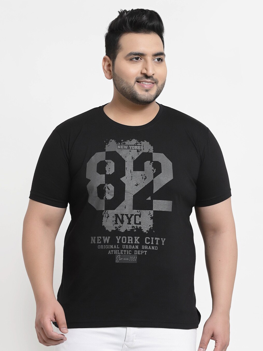 

plusS Men Plus Size Black Printed Pure Cotton T-shirt