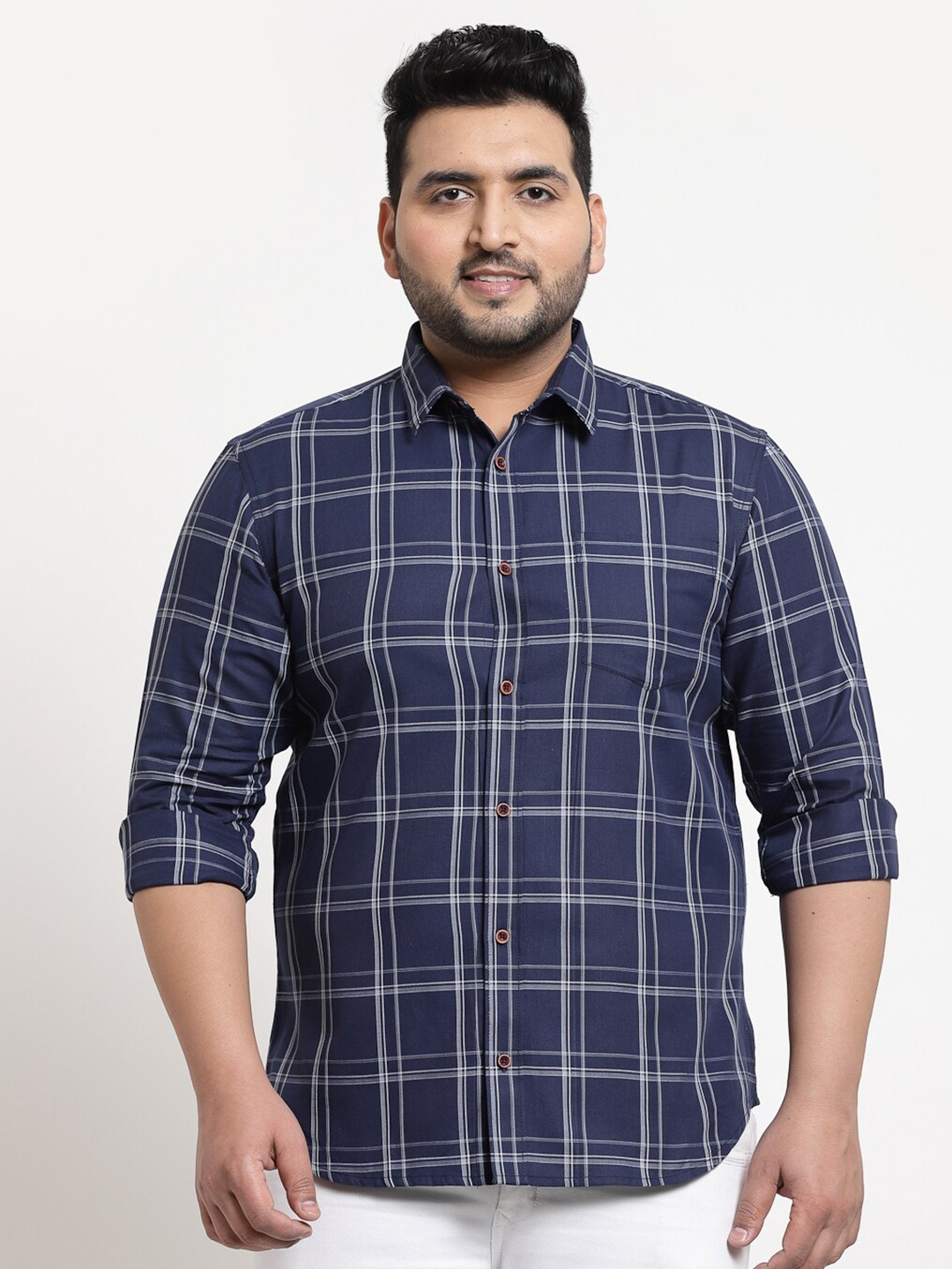 

plusS Men Plus Size Navy Blue Windowpane Checked Casual Shirt