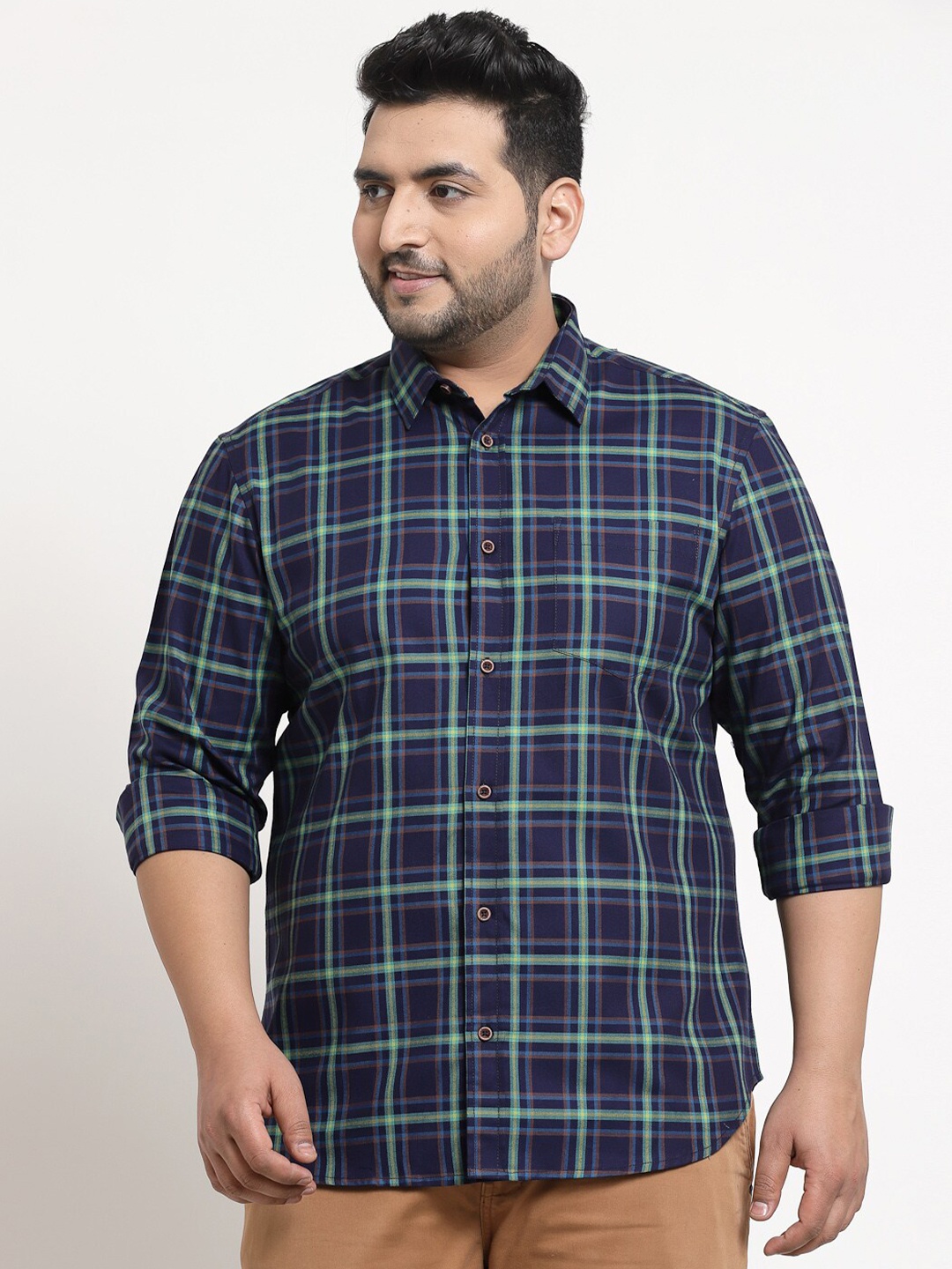 

plusS Men Plus Size Navy Blue Tartan Checks Checked Casual Shirt