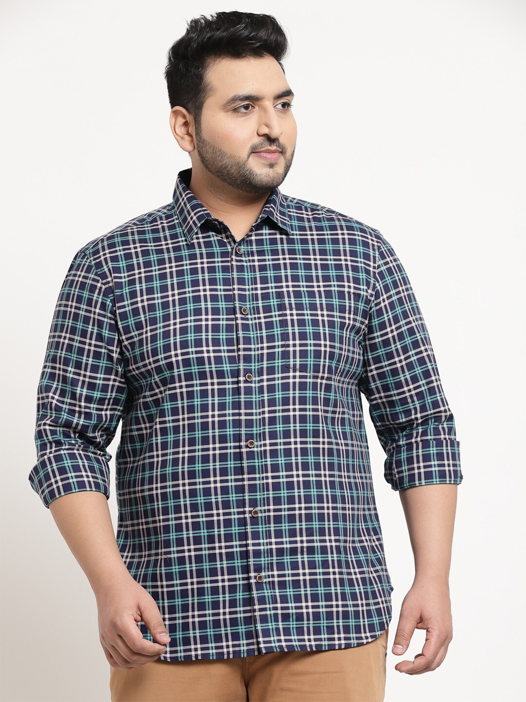 

plusS Men Plus Size Blue & White Checked Cotton Casual Shirt