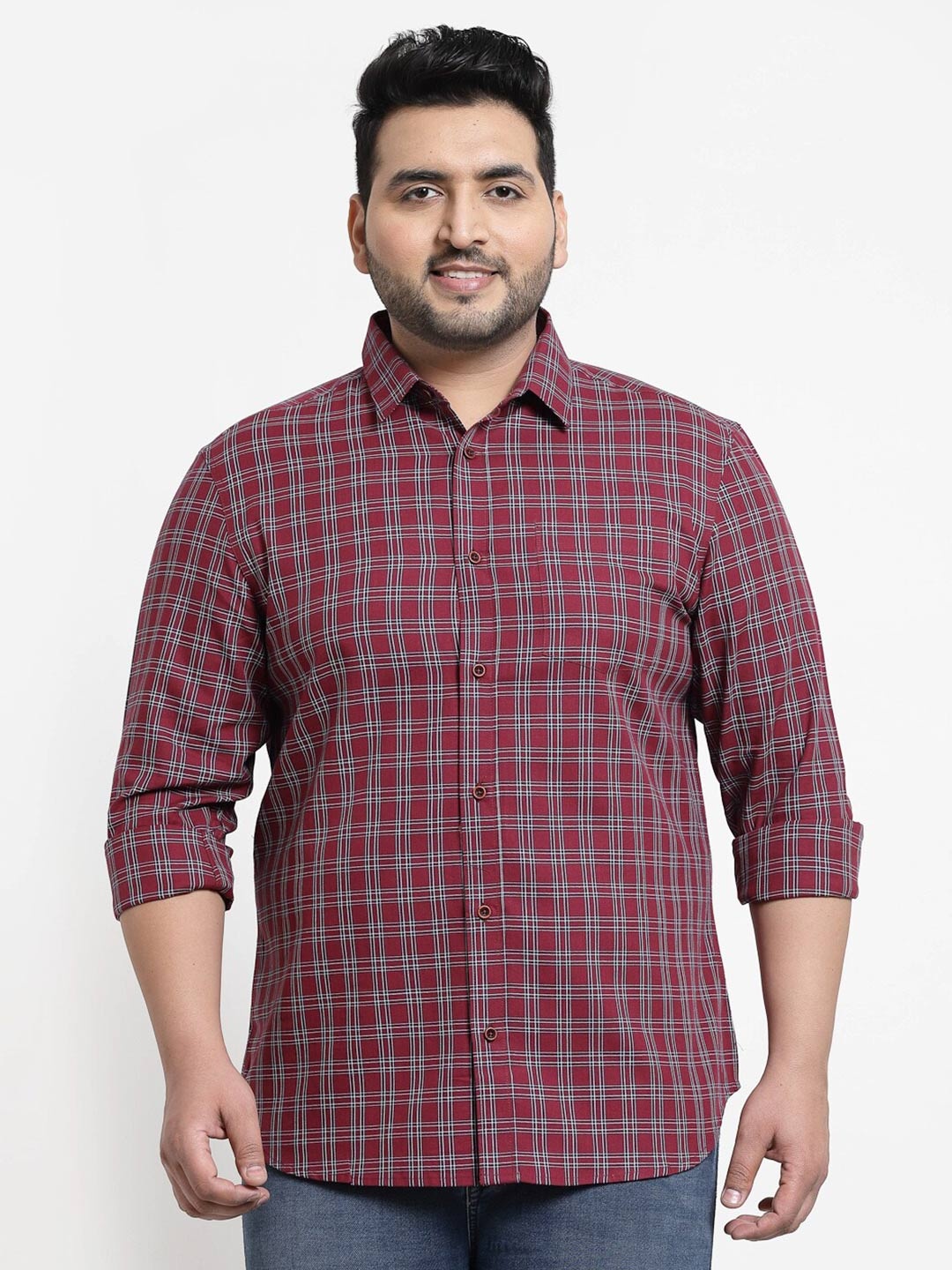 

plusS Men Plus Size Maroon Checked Casual Shirt