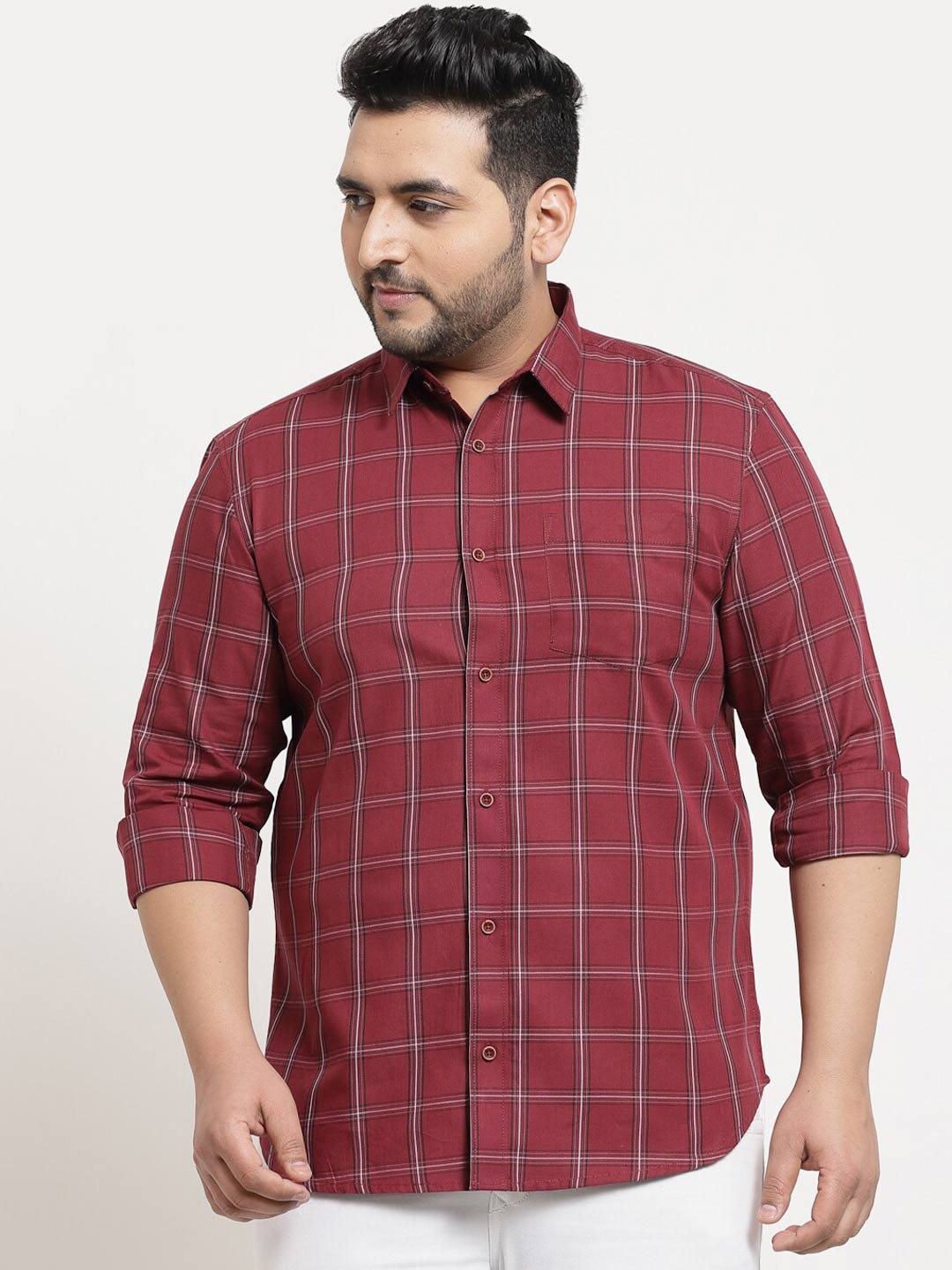 

plusS Plus Size Men Maroon Grid Tattersall Checks Checked Cotton Casual Shirt