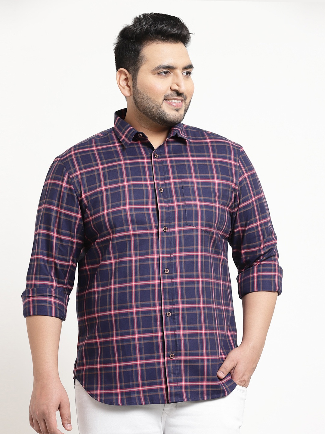 

plusS Men Plus Size Navy Blue Tartan Checks Checked Casual Shirt