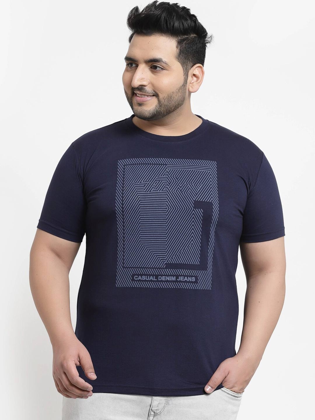 

plusS Men Navy Blue Printed Pure Cotton T-shirt