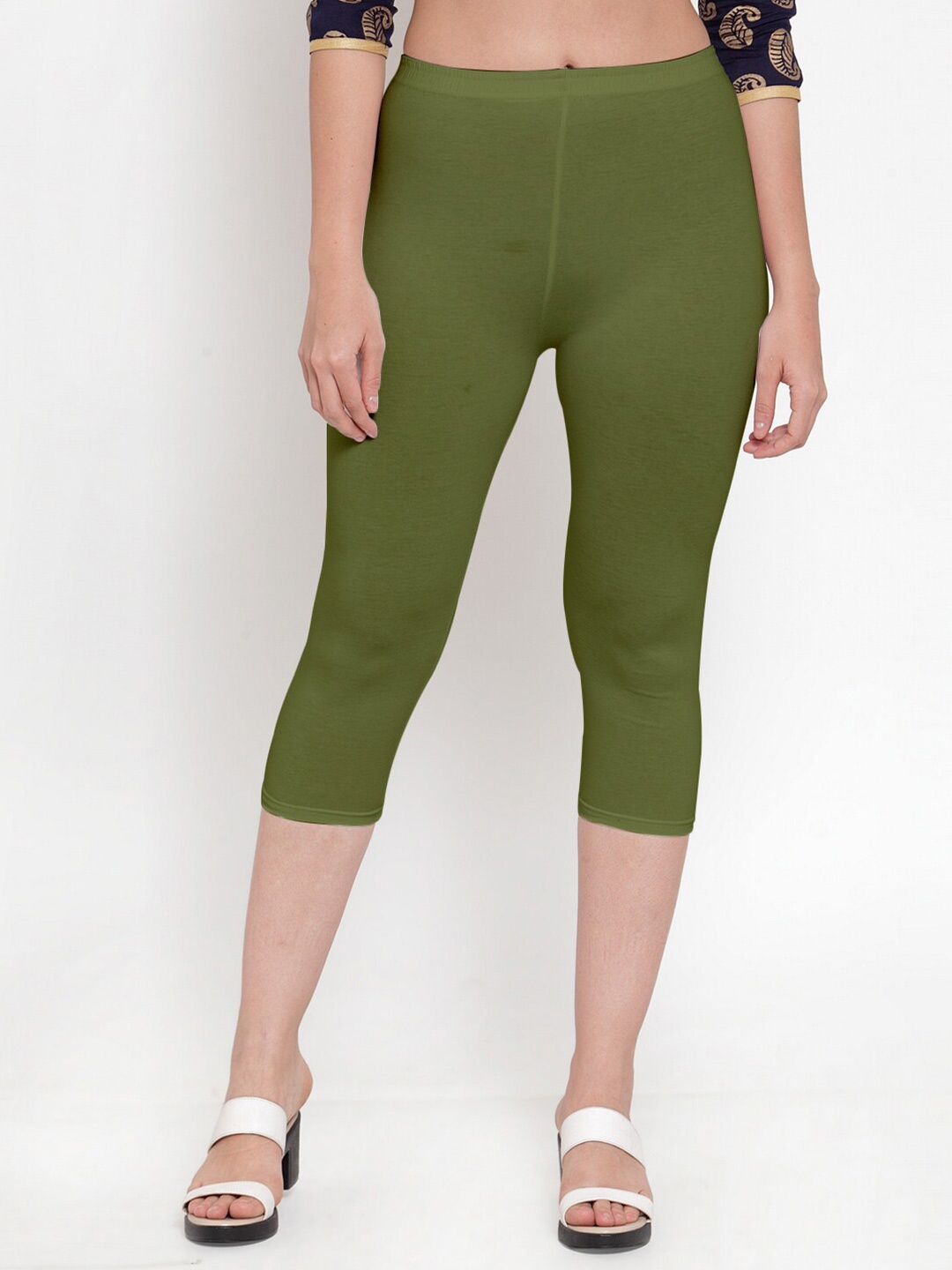 Jinfo Mid-Rise Three-Fourth Length Leggings, Olive