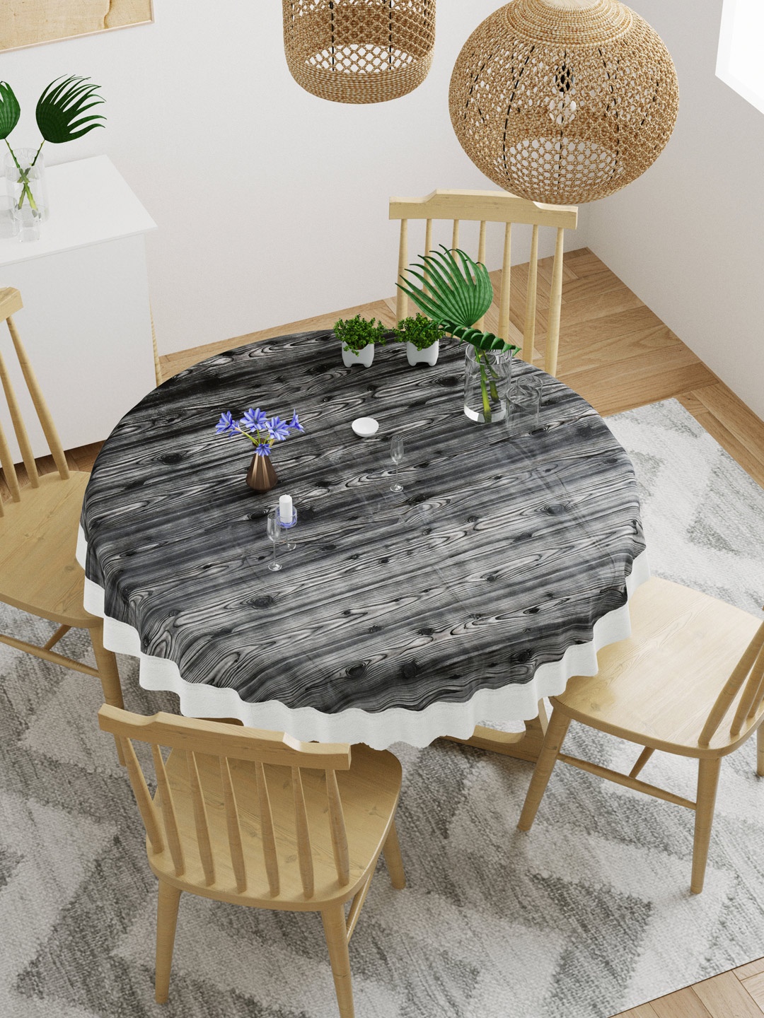 

DREAM WEAVERZ Black & Grey Printed 4-Seater Round Dining Table Cover