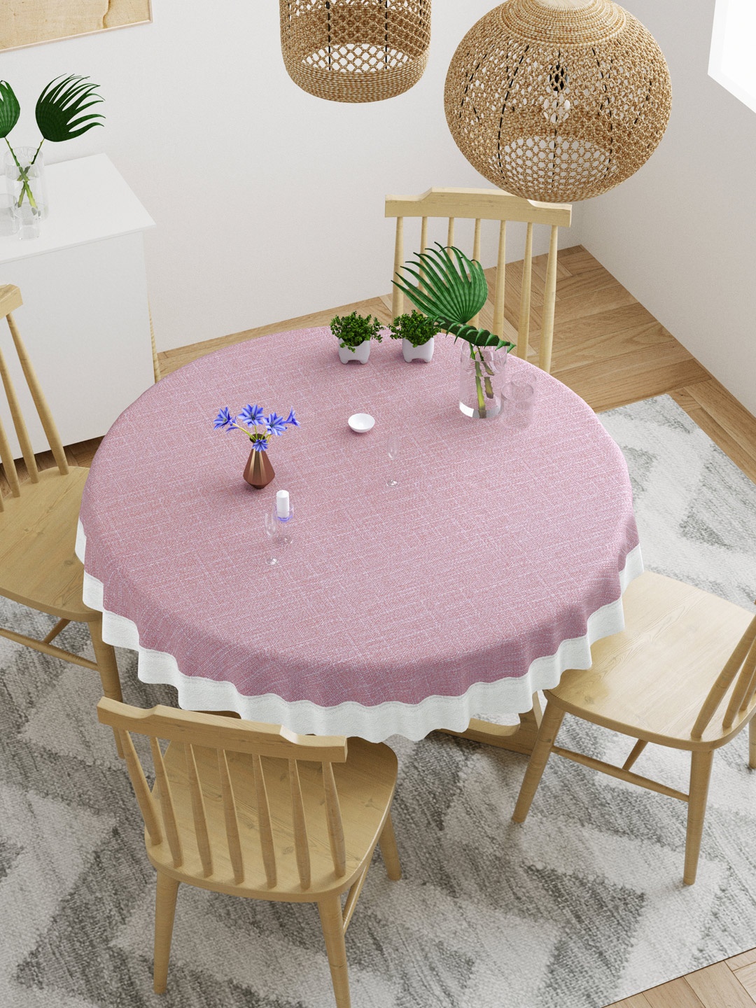 

DREAM WEAVERZ Pink & White Solid Round Table Cover
