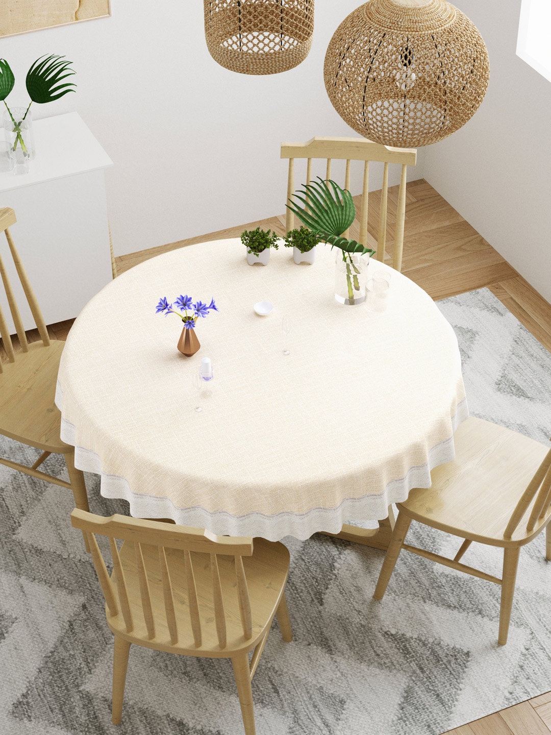 

DREAM WEAVERZ Cream-Coloured & White Solid 4-Seater Round Dining Table Cover