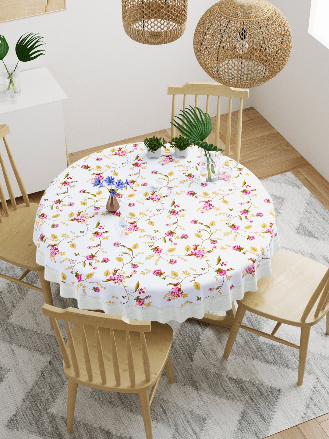 

DREAM WEAVERZ White & Pink Printed 4-Seater Table Cover