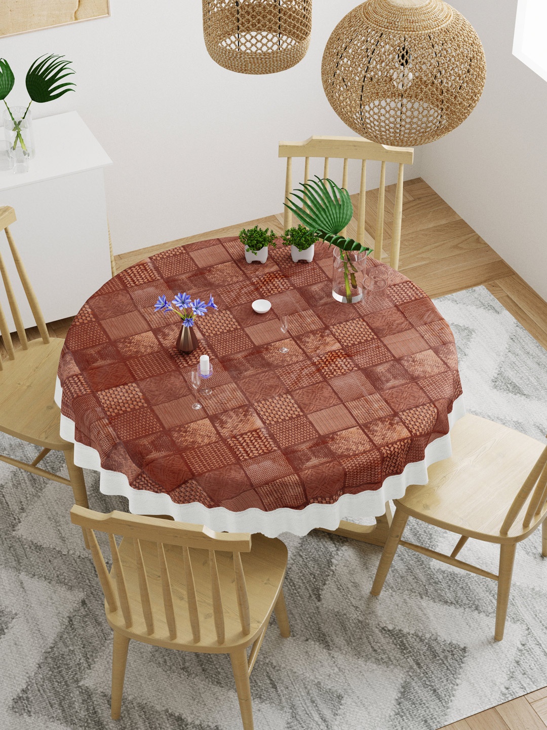 

DREAM WEAVERZ Brown & White Printed Round Table Cover