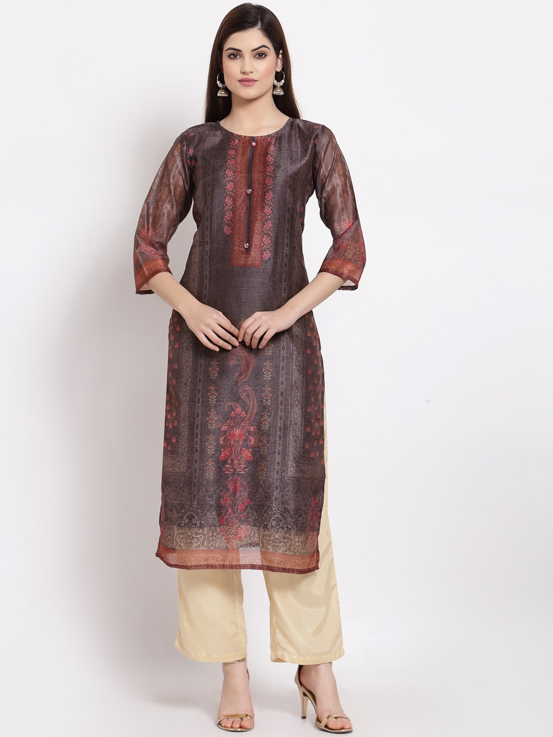 

Altiven Women Brown Floral Printed Chanderi Silk Kurta