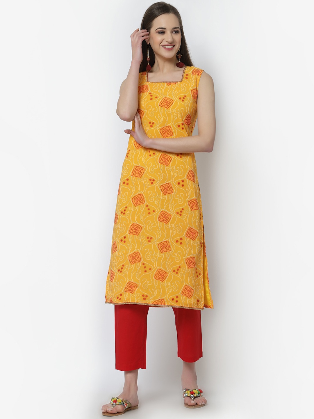 

Altiven Women Mustard Yellow & Red Bandhani Printed Georgette Kurta