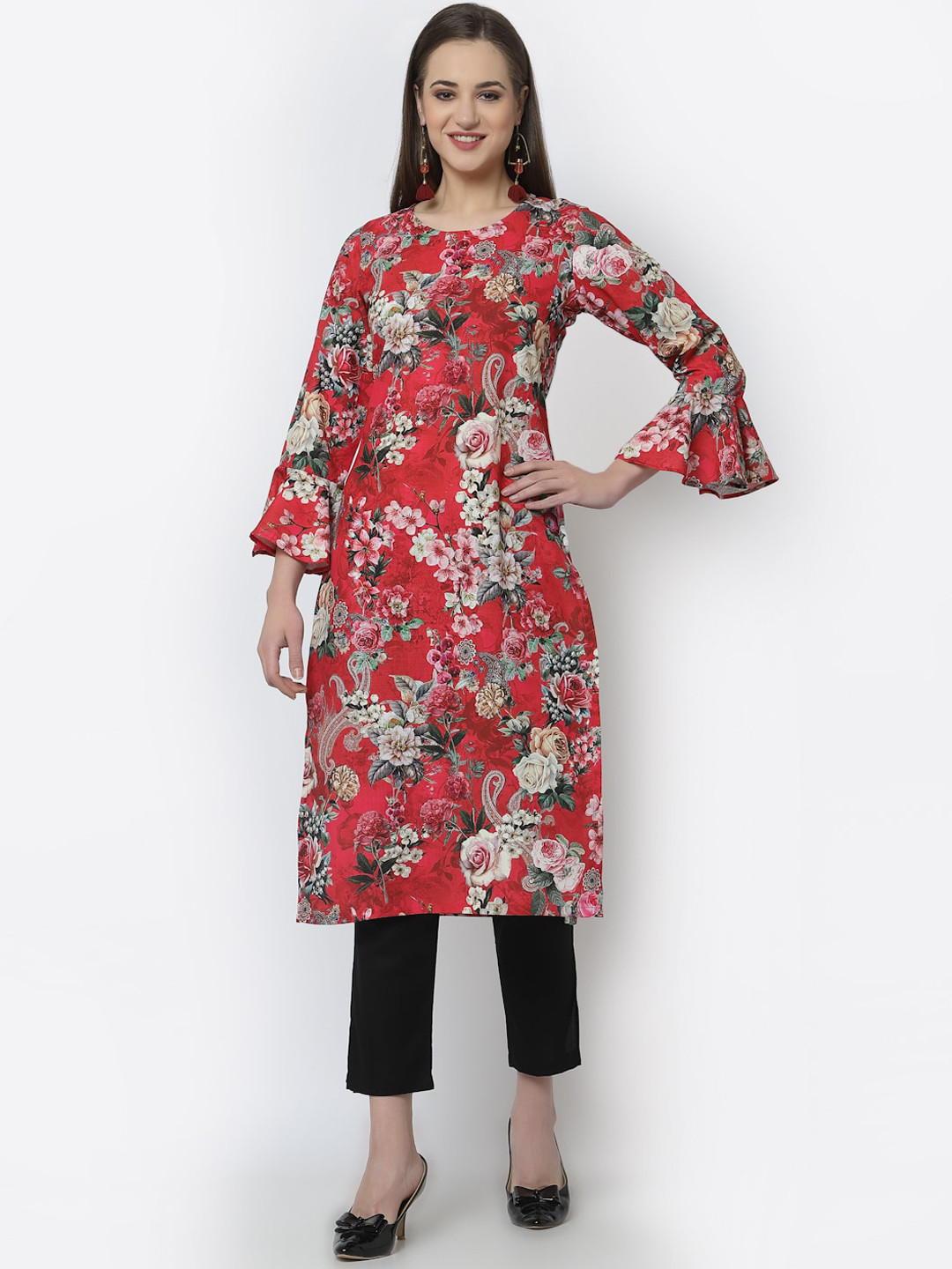 

Altiven Women Red & White Floral Printed Cotton Kurta