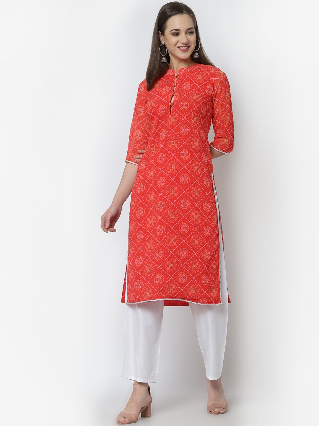 

Altiven Women Red & Off White Bandhani Printed Georgette Kurta