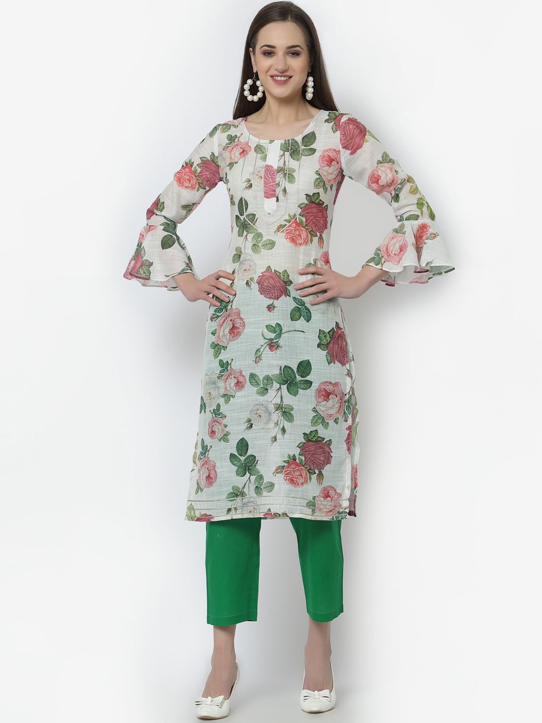 

Altiven Women White & Pink Floral Printed Flared Sleeves Kurta