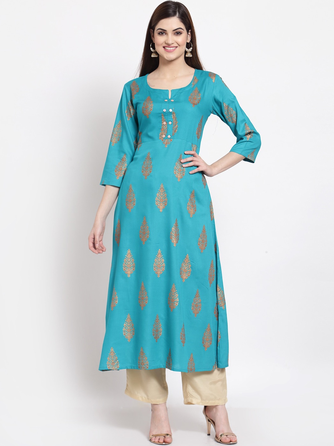

Altiven Women Blue & Golden Ethnic Motifs Printed Anarkali Kurta