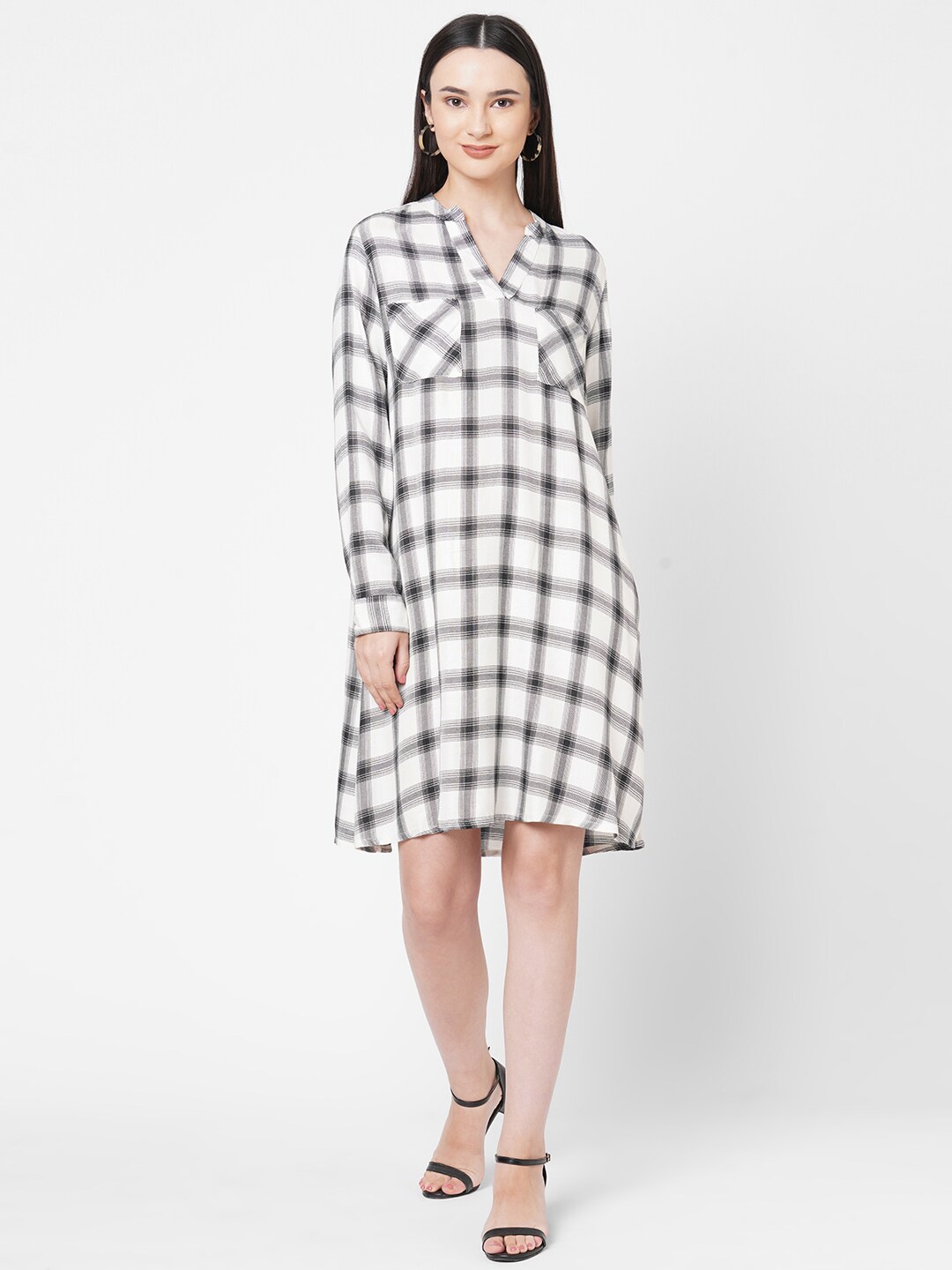 

109F Black & White Checked Mandarin Collar Shirt Dress