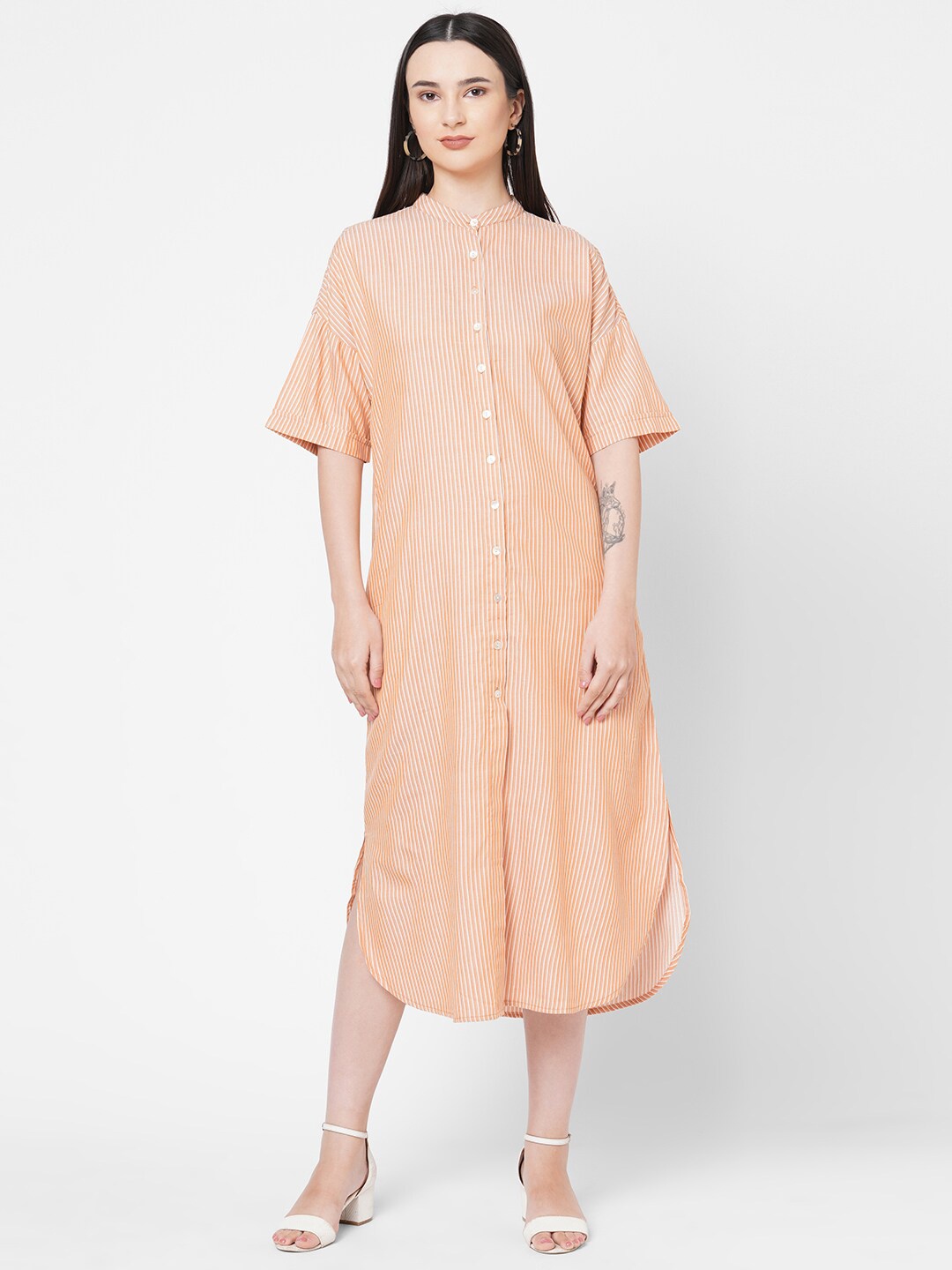 

109F Women Multicoloured Striped A-Line Midi Dress, Peach