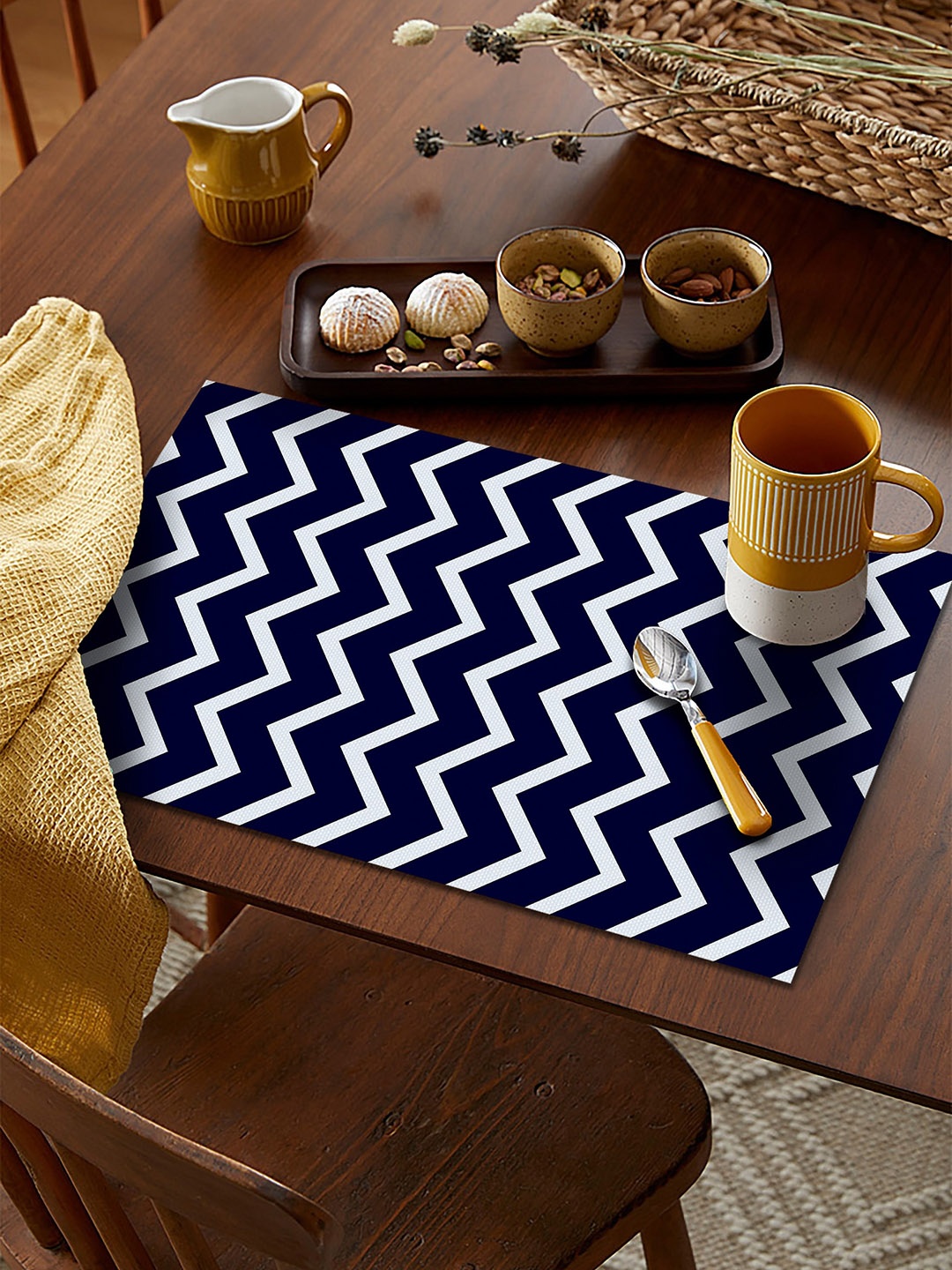 

AEROHAVEN Blue Set Of 6 Geometric Printed Rectangular Polycotton Dining Table Placemats