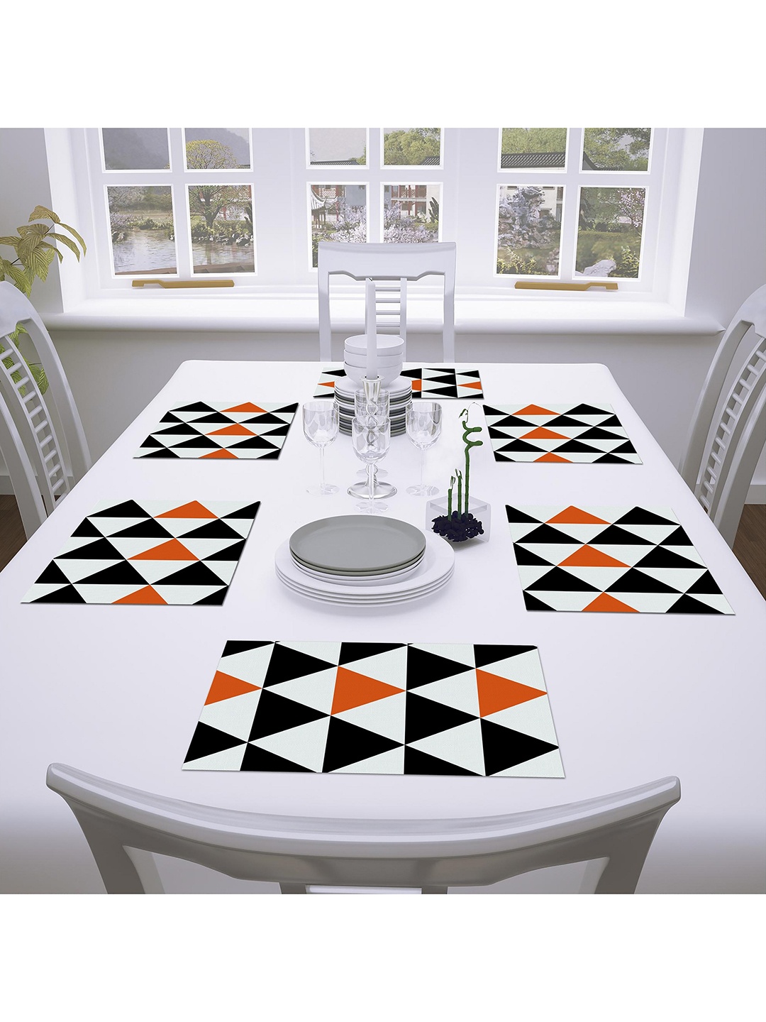 

AEROHAVEN Set Of 6 Orange & Black Geometric Polycotton Textured Table Placemats