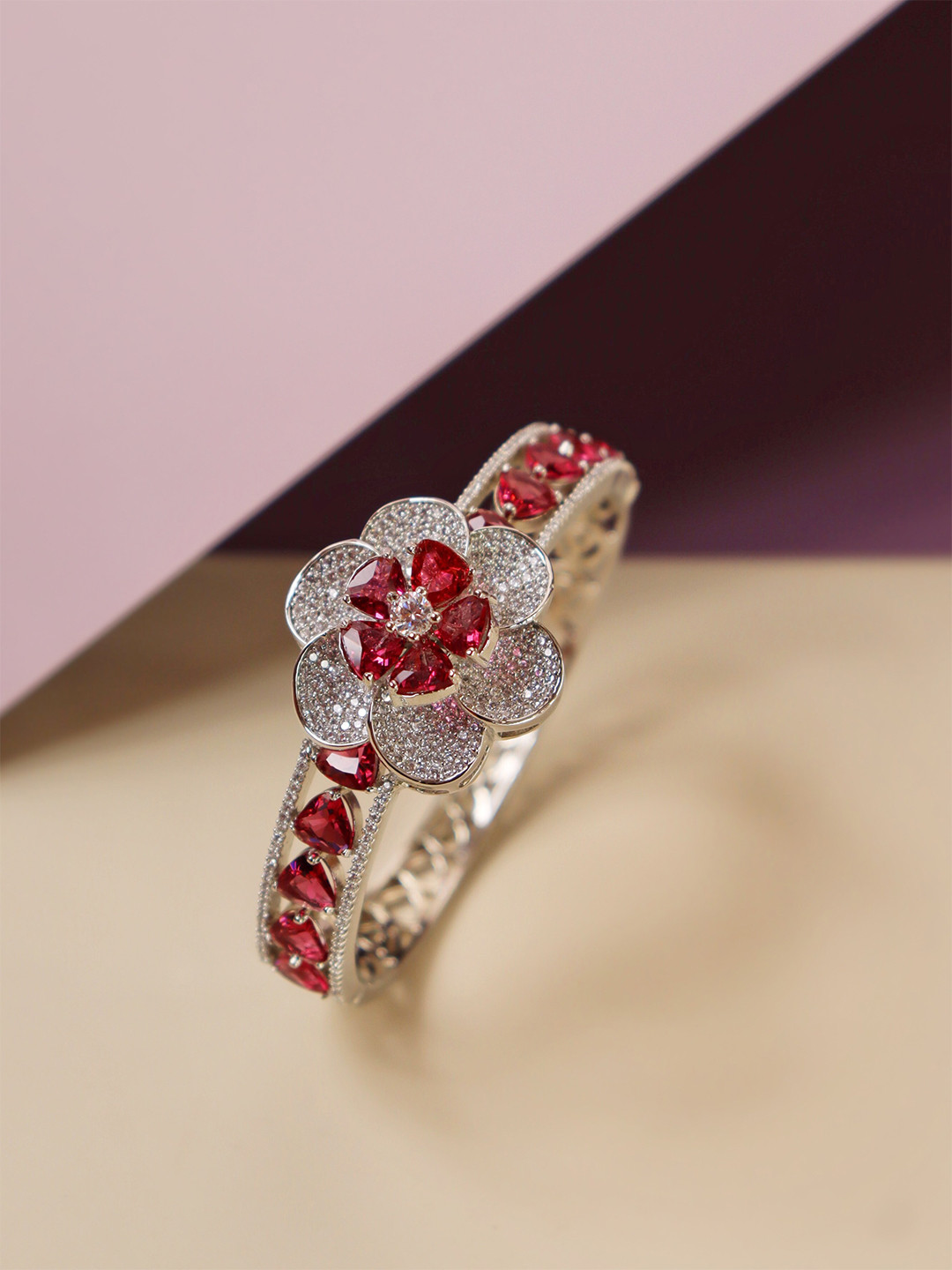 

CURIO COTTAGE Women Silver-Toned & Red Cubic Zirconia Rhodium-Plated Bangle-Style Bracelet