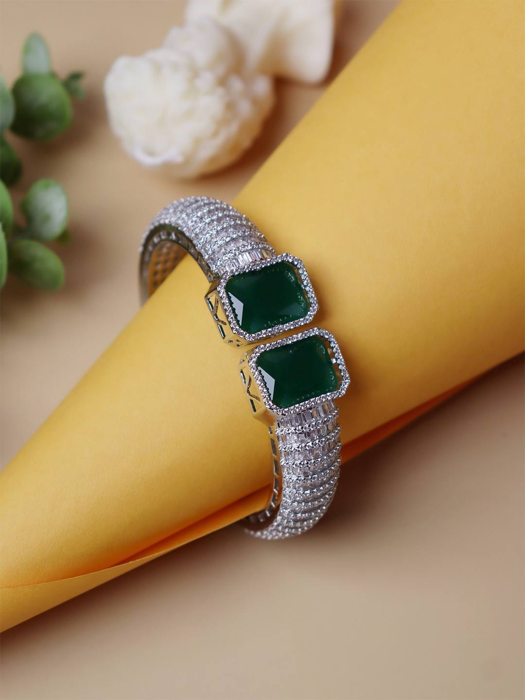 

CURIO COTTAGE Women White & Green Cubic Zirconia Rhodium-Plated Cuff Bracelet