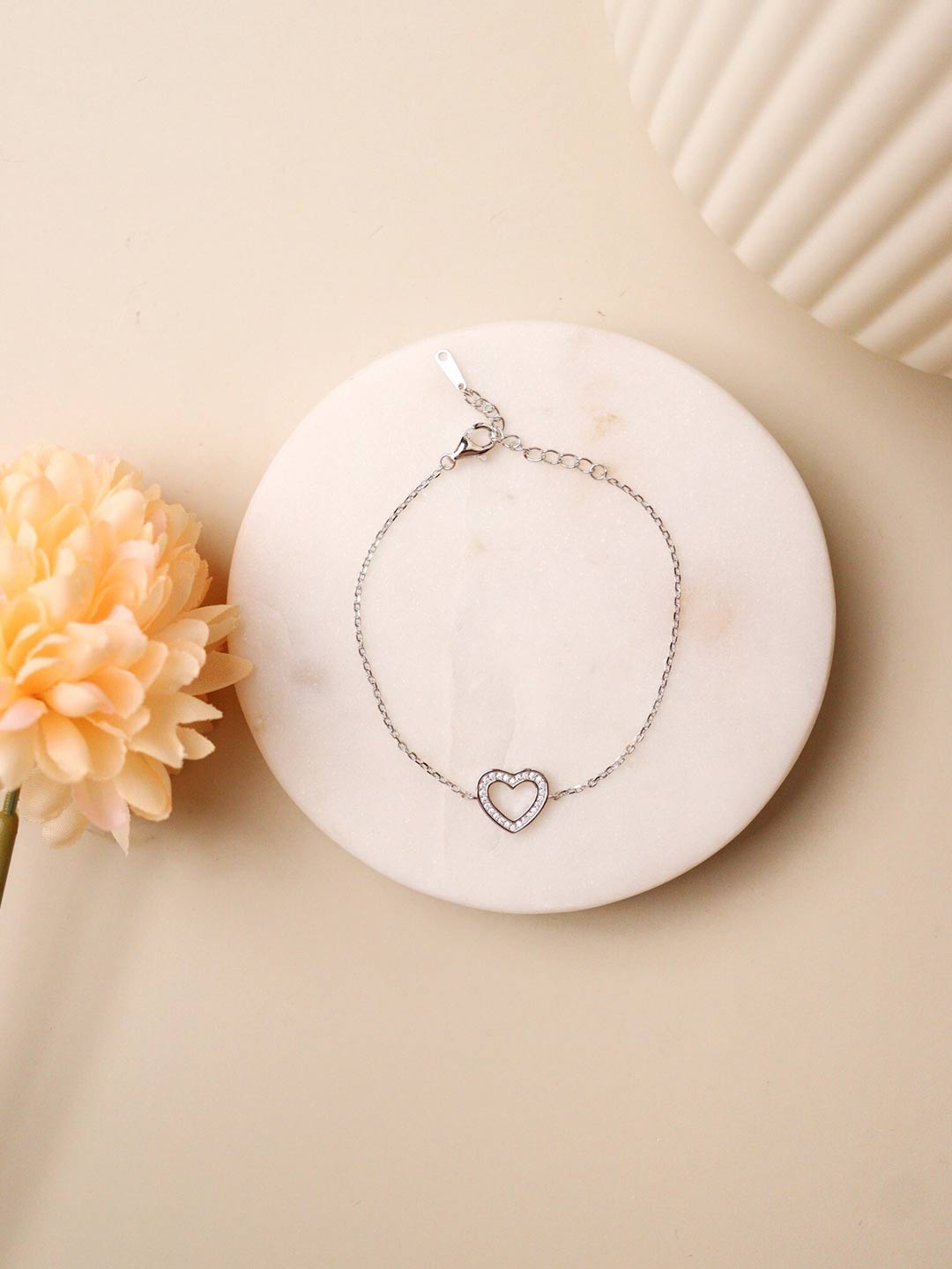 

CURIO COTTAGE Women Silver-Plated & White Heart Silver Cubic Zirconia Charm Bracelet