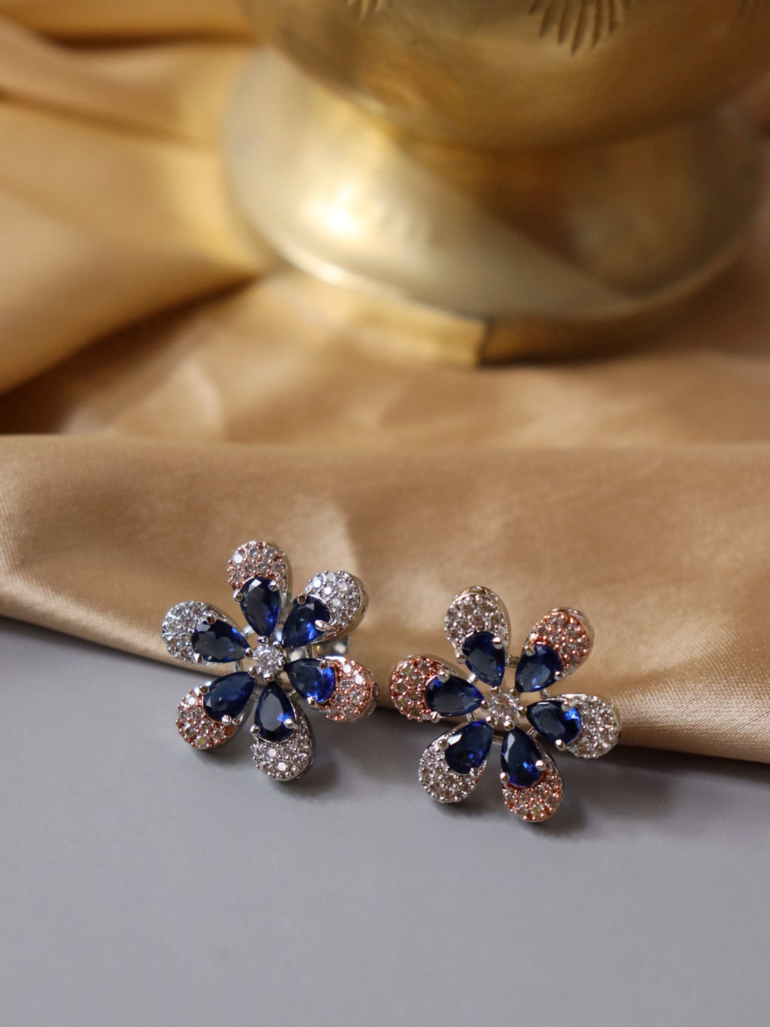 

CURIO COTTAGE Blue & Rose Gold Plated CZ-Studded Floral Studs Earrings