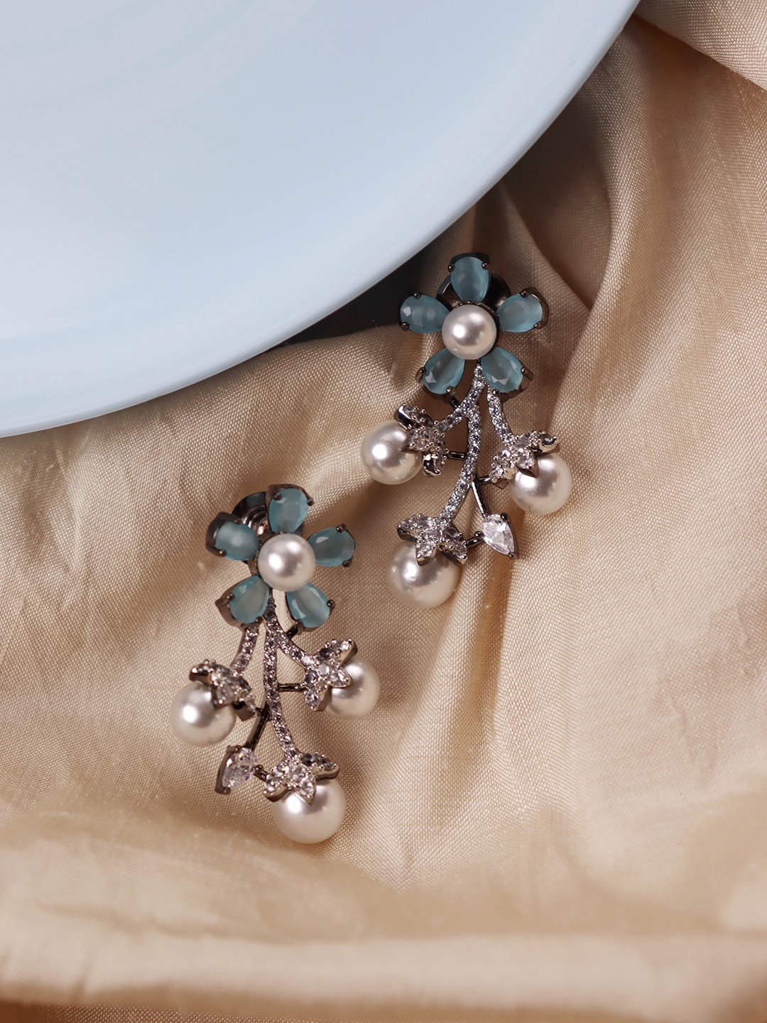 

CURIO COTTAGE Blue Rhodium-Plated Contemporary Cubic Zirconia Drop Earrings