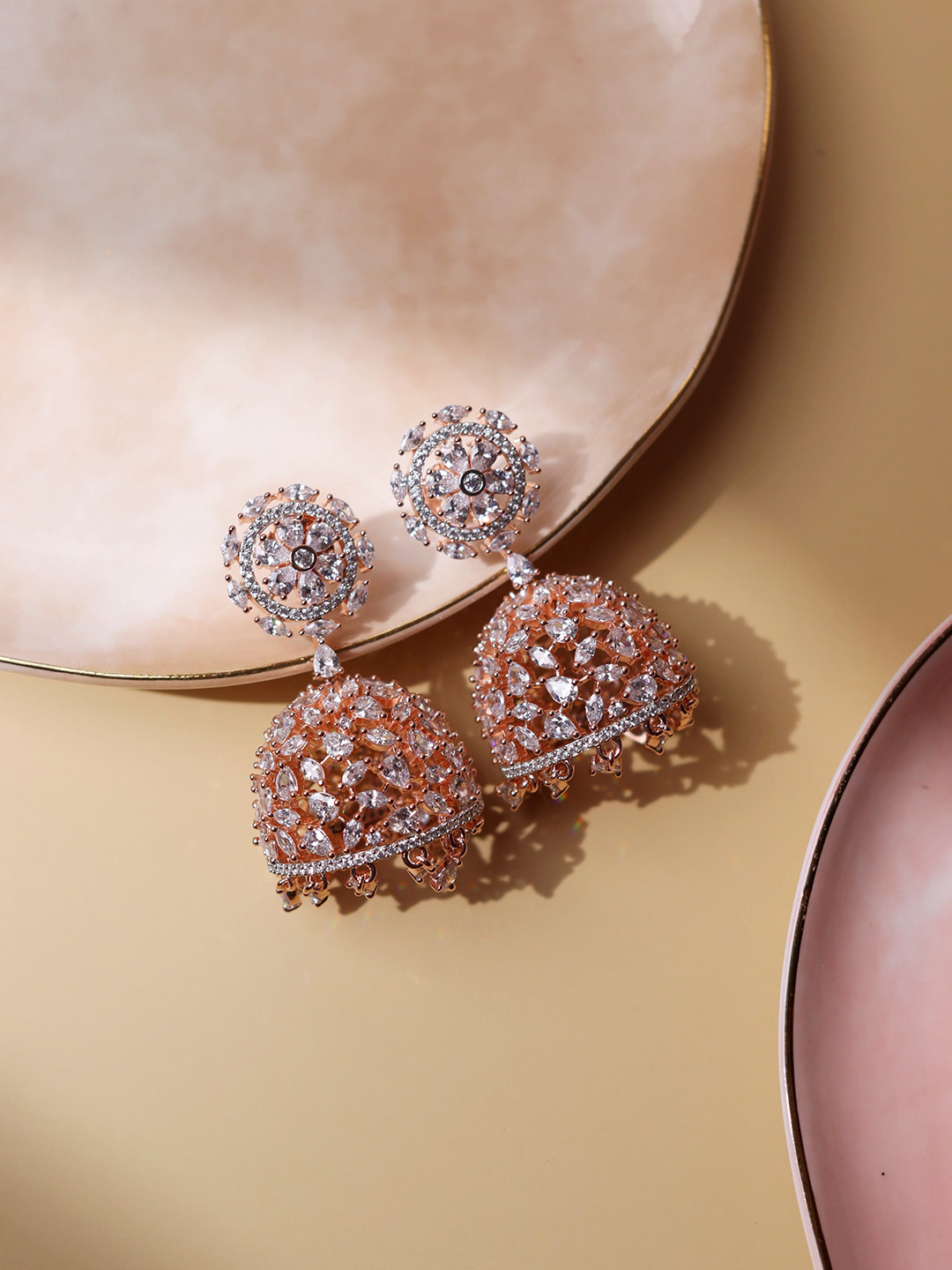 

CURIO COTTAGE Rose Gold Plated Dome Shaped Jhumkas Earrings, Silver