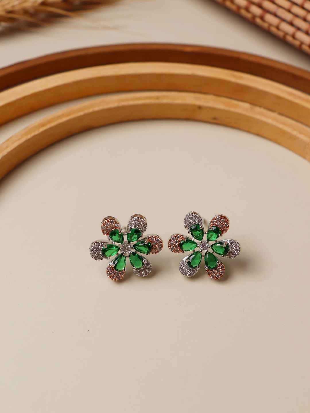 

CURIO COTTAGE Green & Rose Gold Floral Studs Earrings