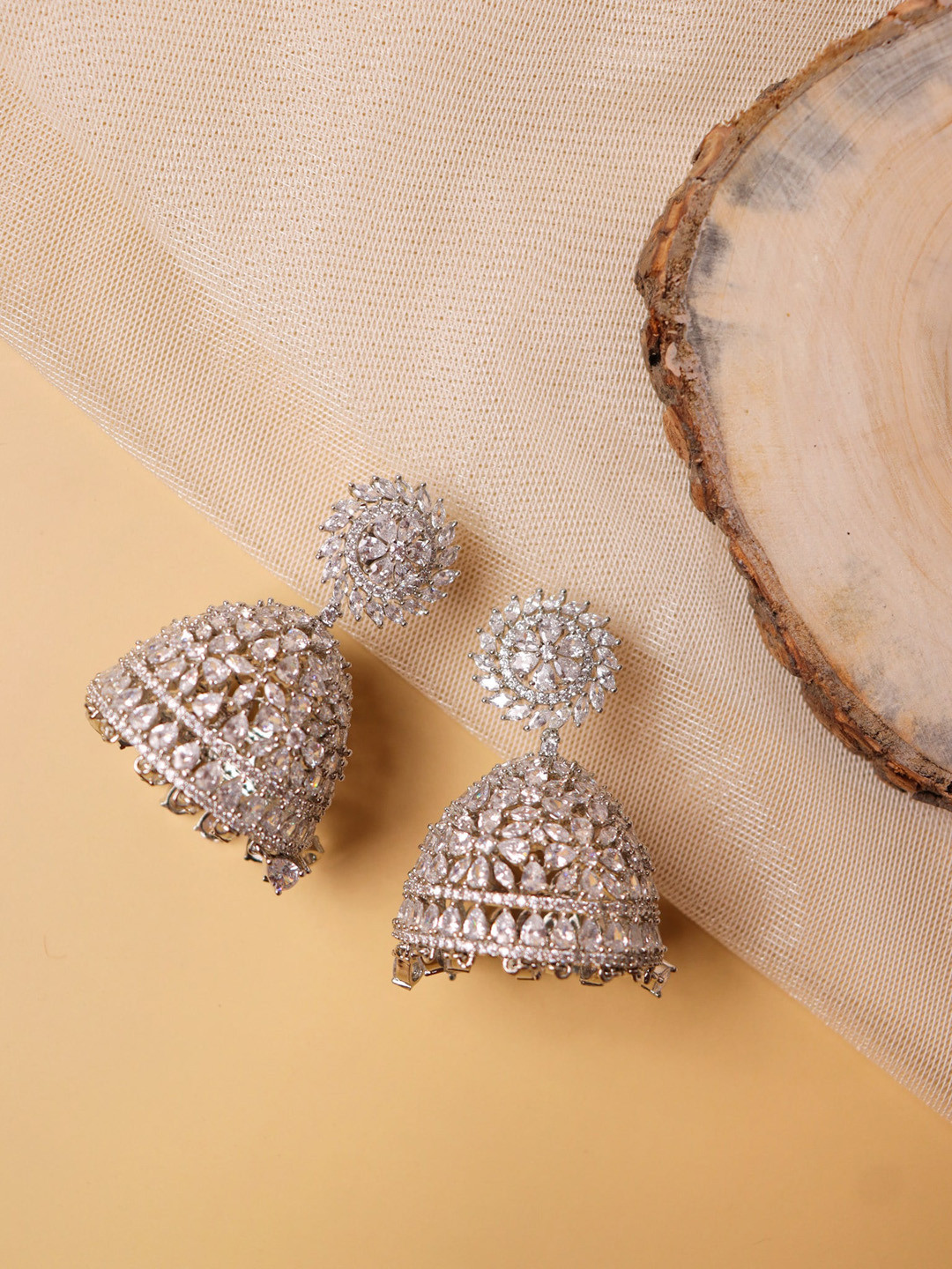 

CURIO COTTAGE White & Silver-Toned Rhodium Plated Dome Shaped Jhumkas
