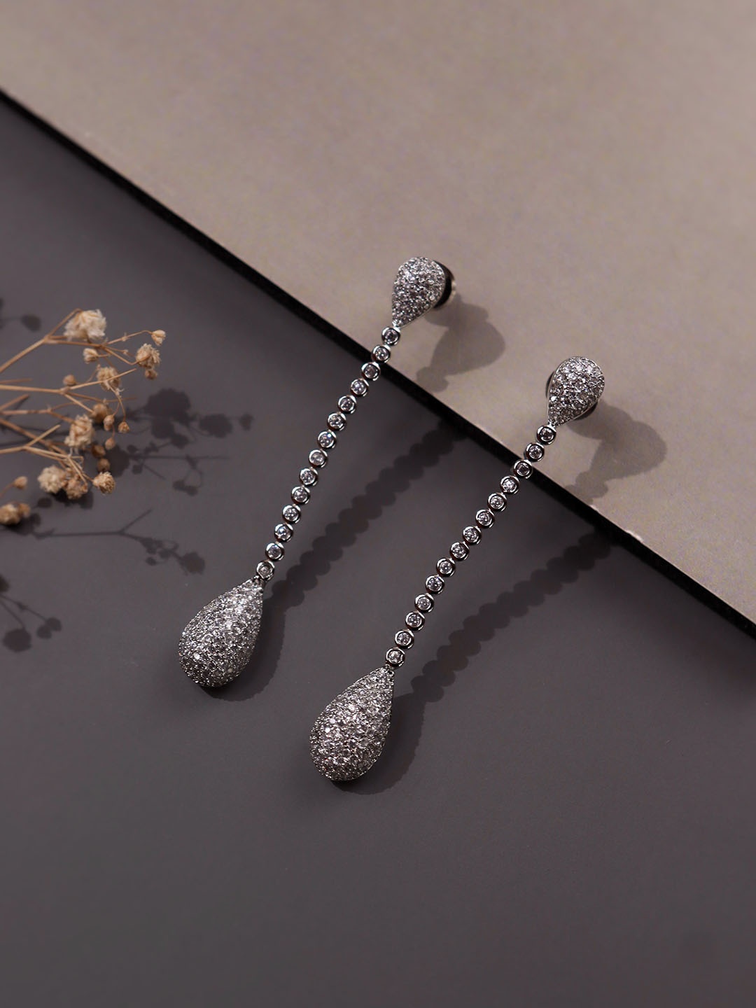 

CURIO COTTAGE Silver-Toned Rhodium-Plated Contemporary Drop Earrings