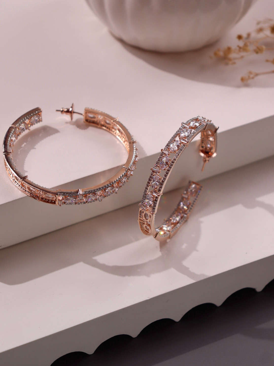 

CURIO COTTAGE Rose Gold Plated & White Circular Hoop Earrings