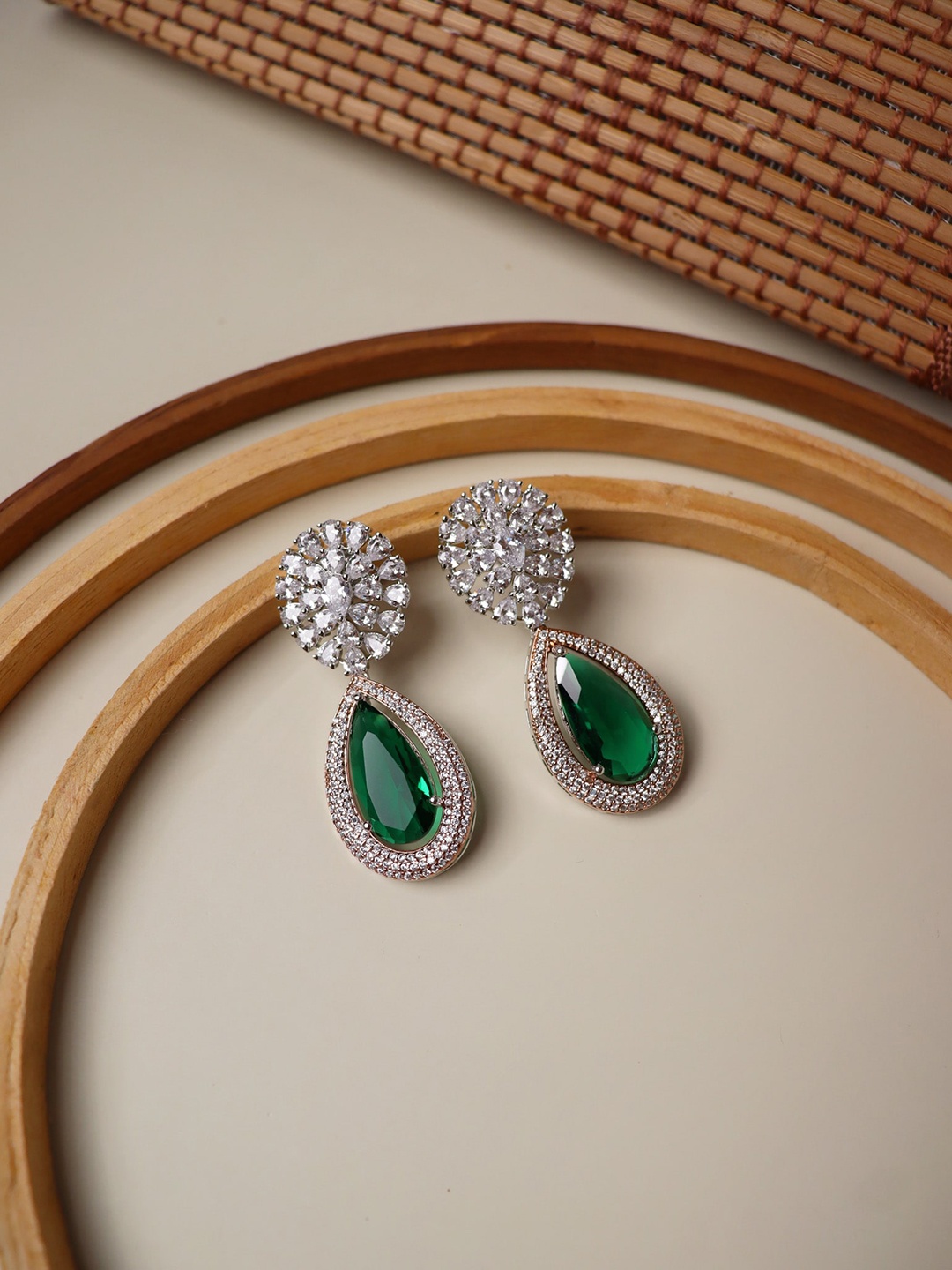 

CURIO COTTAGE Rose Gold-Plated Green Contemporary Drop Earrings