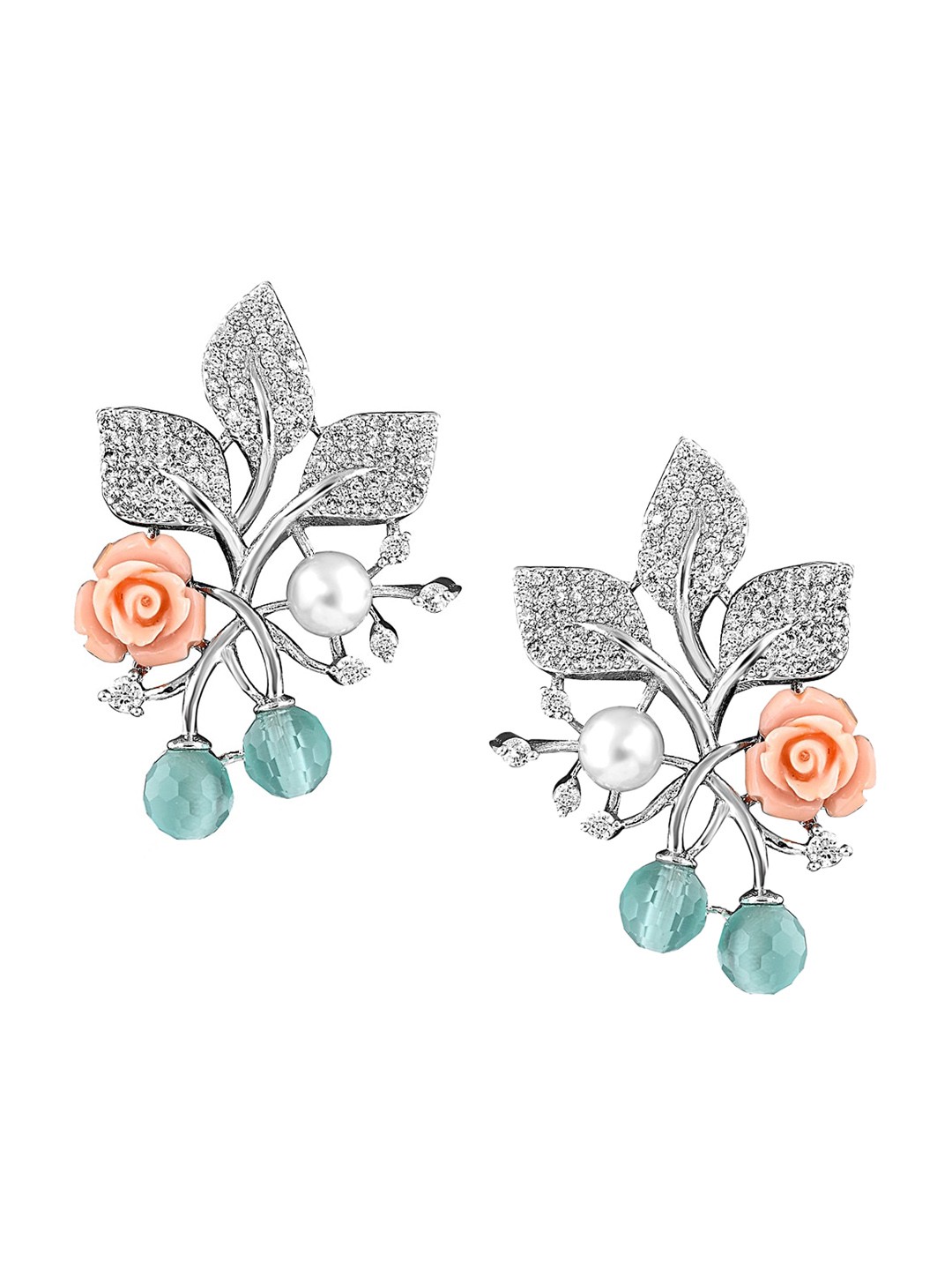 

CURIO COTTAGE Rhodium Plated Floral Drop Earrings, Silver
