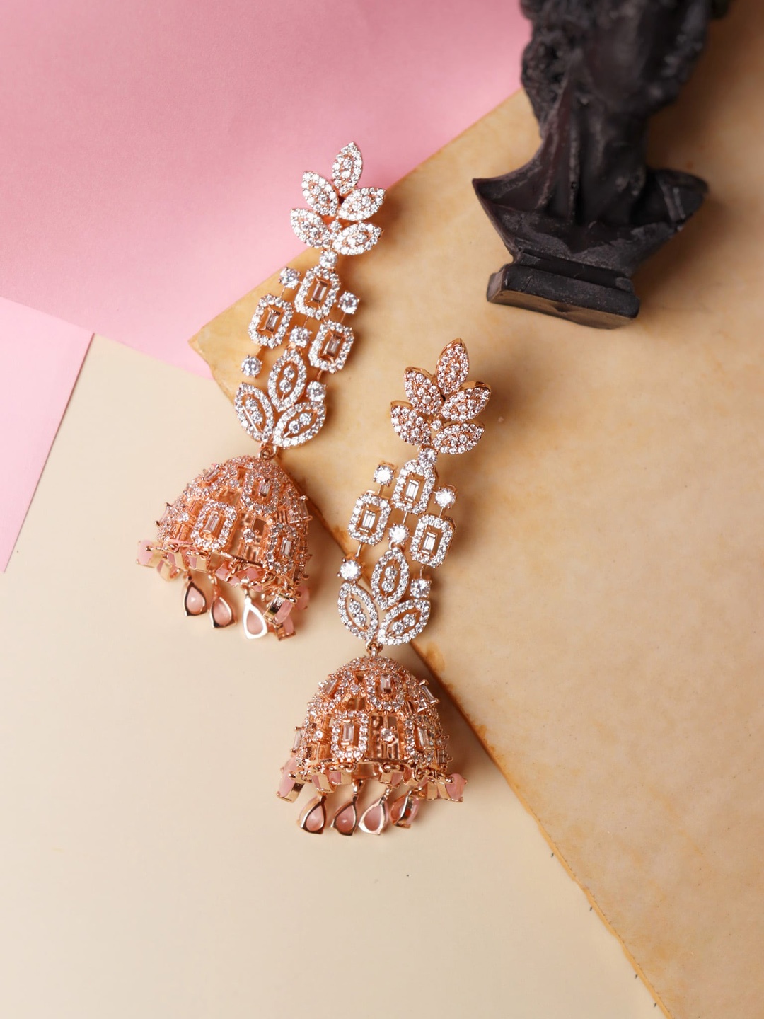 

CURIO COTTAGE White Rose Gold-Plated Classic Jhumkas Earrings