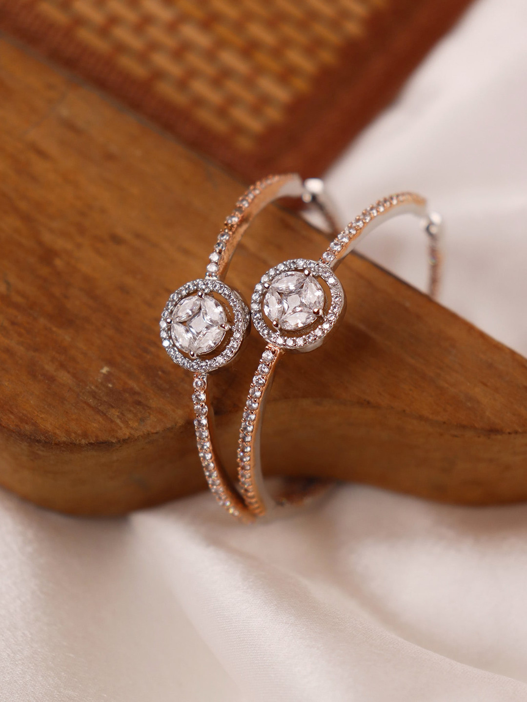 

CURIO COTTAGE Rose Gold-Plated Contemporary Cubic Zirconia Drop Hoop Earrings