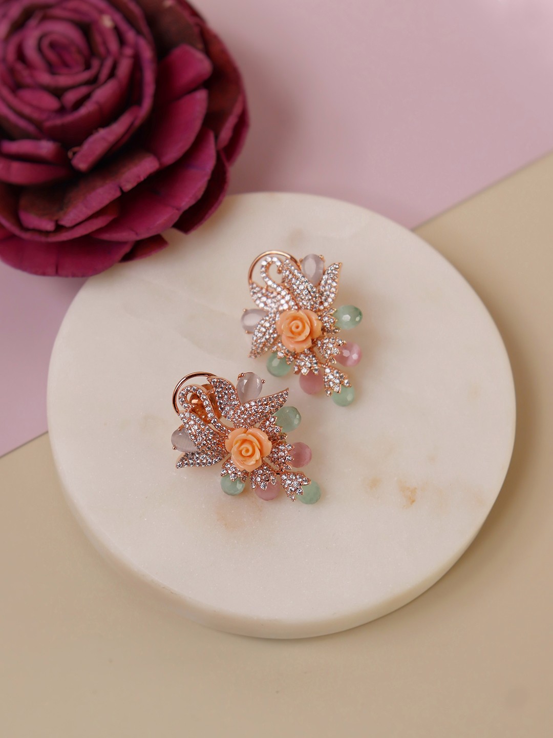 

CURIO COTTAGE Rose Gold Plated Floral Studs Earrings